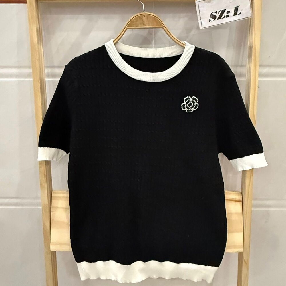 Black White Trim Floral Embroidered Knit Chic Tee ✨